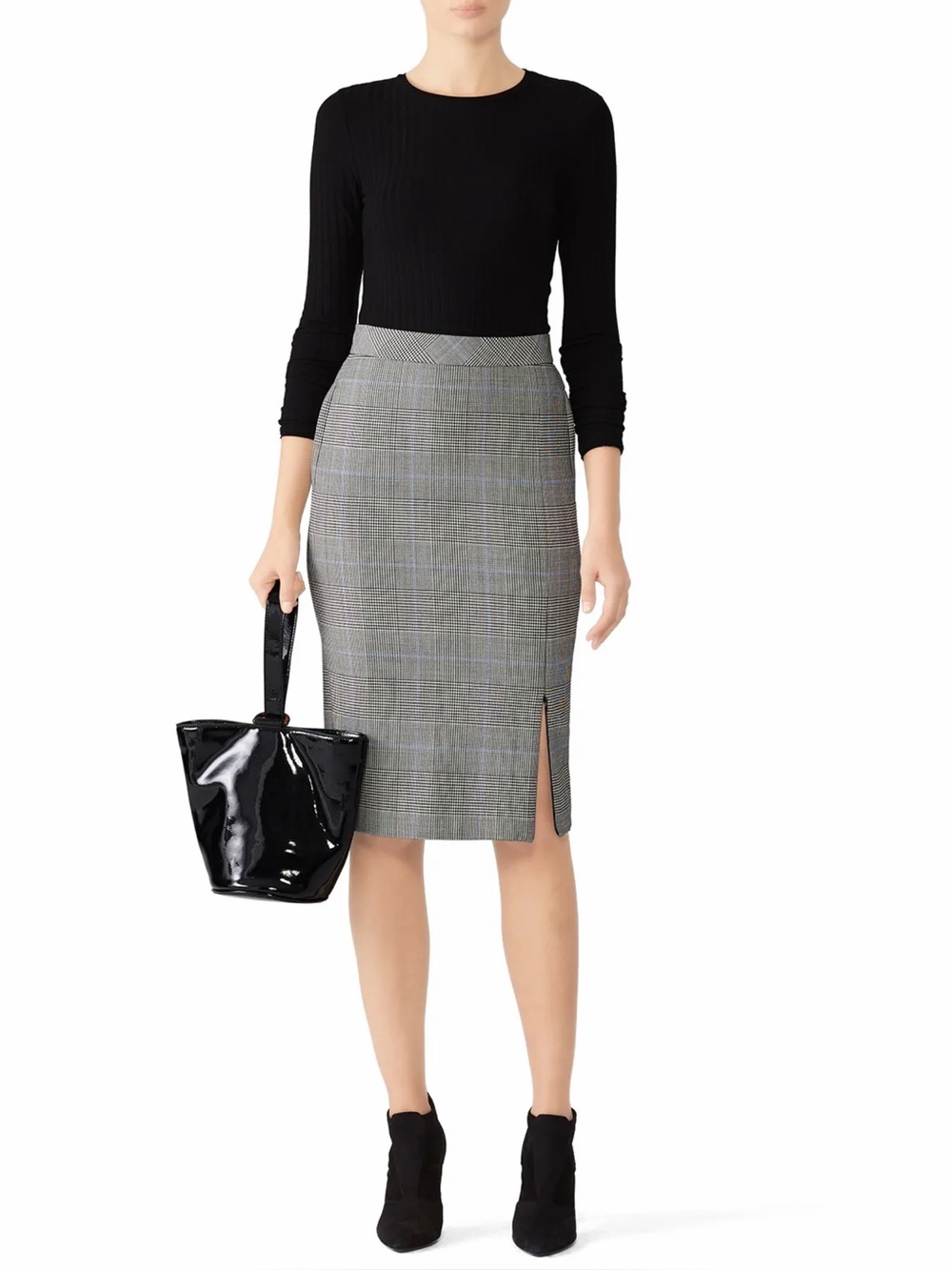 Theory Zip Front Pencil Midi Skirt Size 8 Windowpane Black Gray Office Preppy